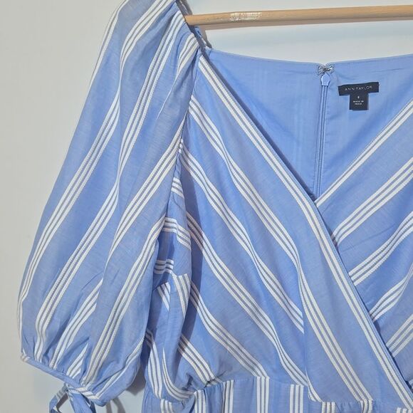 Ann Taylor Striped Puff Sleeve Wrap Dress Size 8 Cottagecore Milkmaid Coastal - Picture 4 of 15